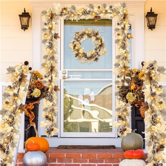 Fall Garland with Lights 6Ft Autumn Garland with Pumpkins Maple Leaves - Picture 2 of 8